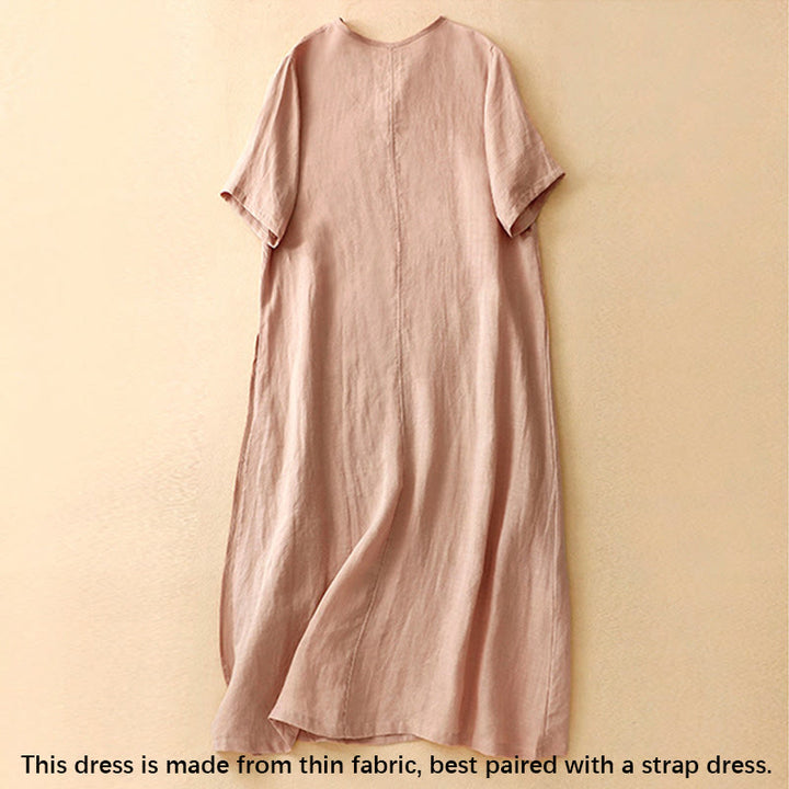 Robe mi-longue d'été en coton et lin à col en V et boutons grenouille pour femme