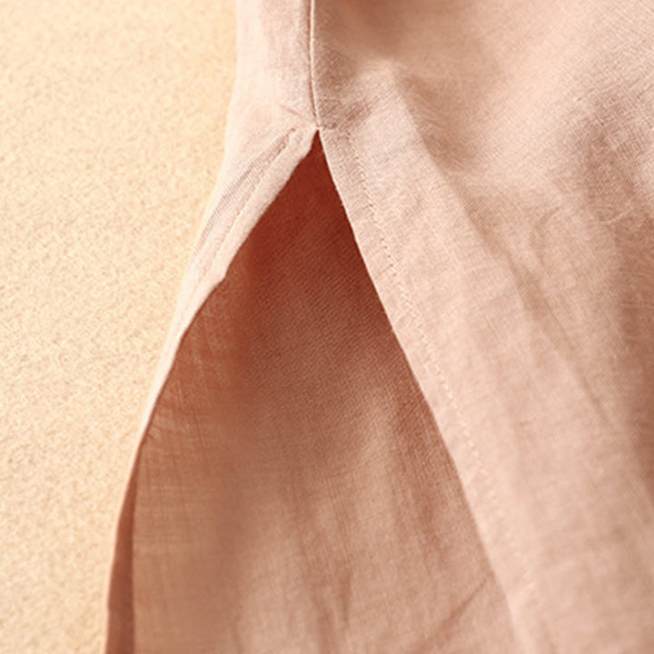 Robe mi-longue d'été en coton et lin à col en V et boutons grenouille pour femme