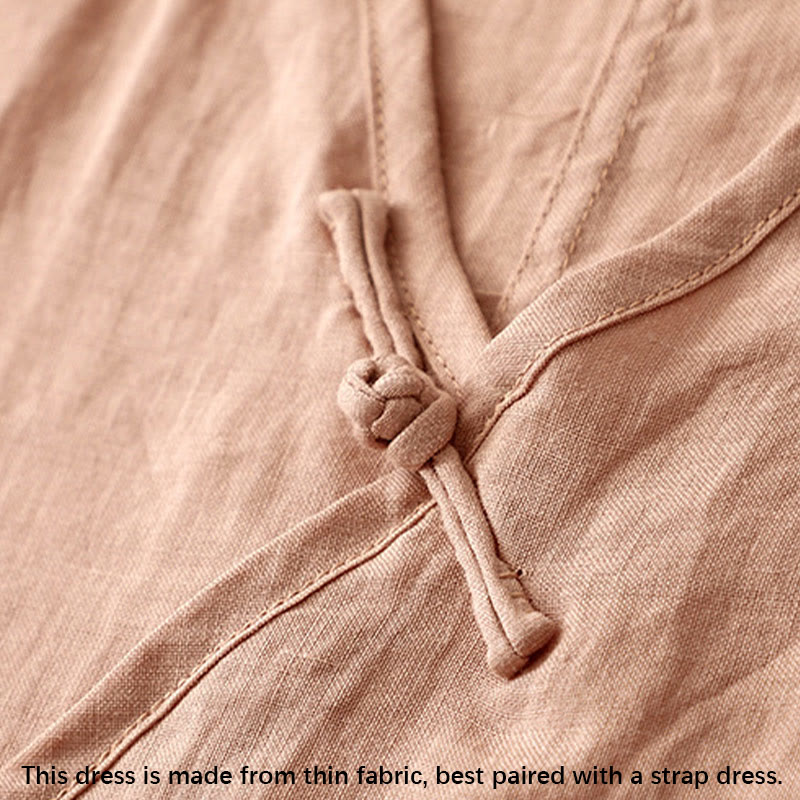 Robe mi-longue d'été en coton et lin à col en V et boutons grenouille pour femme - image 3