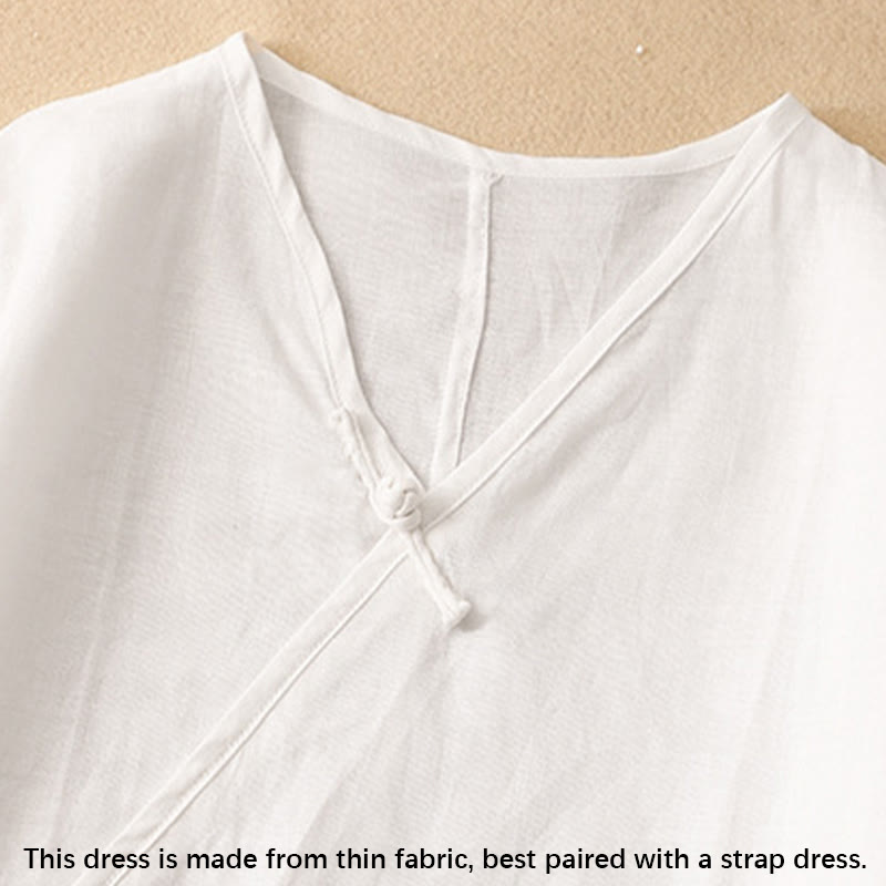 Robe mi-longue d'été en coton et lin à col en V et boutons grenouille pour femme - image 13