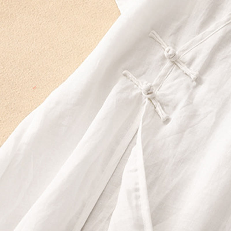 Robe mi-longue d'été en coton et lin à col en V et boutons grenouille pour femme