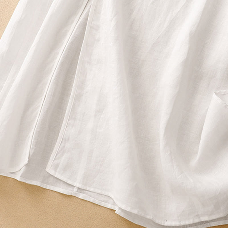 Robe mi-longue d'été en coton et lin à col en V et boutons grenouille pour femme