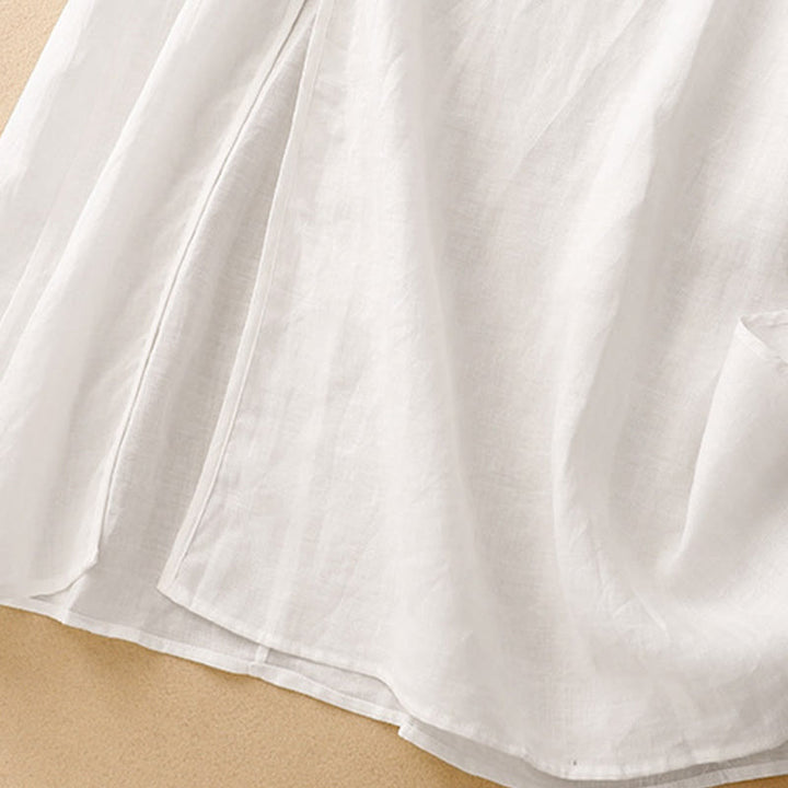 Robe mi-longue d'été en coton et lin à col en V et boutons grenouille pour femme