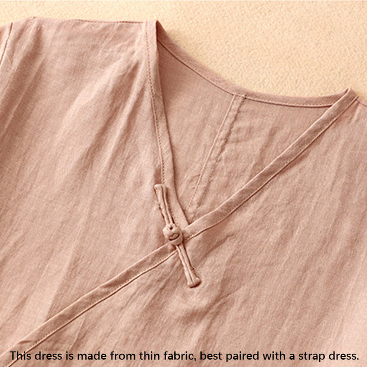 Robe mi-longue d'été en coton et lin à col en V et boutons grenouille pour femme - image 2