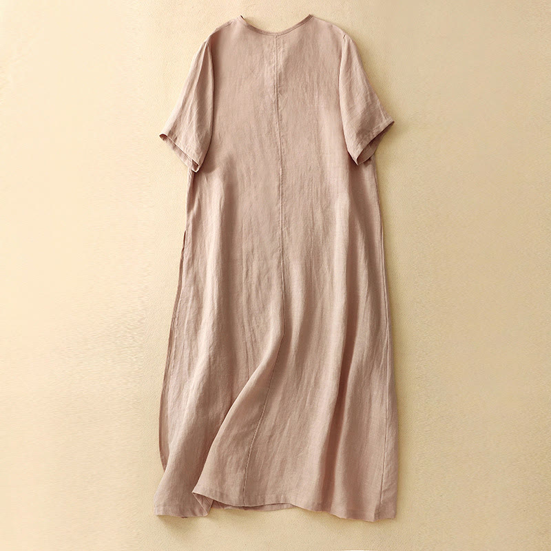 Robe mi-longue d'été en coton et lin à col en V et boutons grenouille pour femme