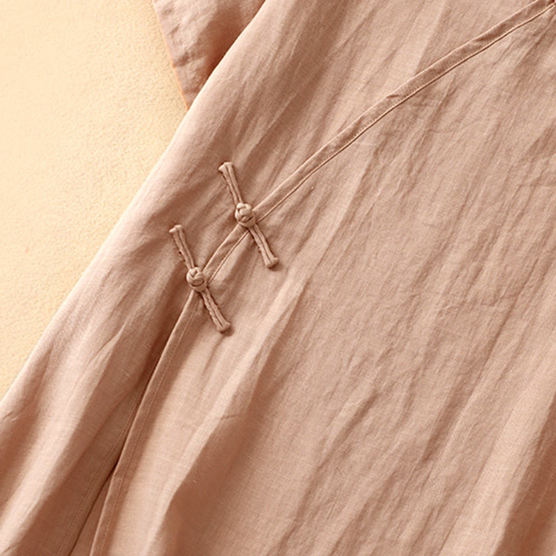 Robe mi-longue d'été en coton et lin à col en V et boutons grenouille pour femme