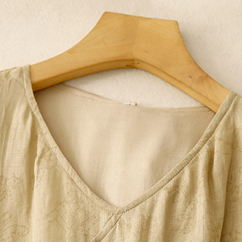 Robe mi-longue d'été en coton et lin à lacets et col en V pour femme avec poches