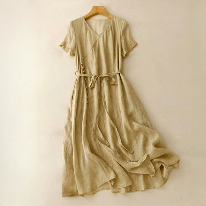 Robe mi-longue d'été en coton et lin à lacets et col en V pour femme avec poches