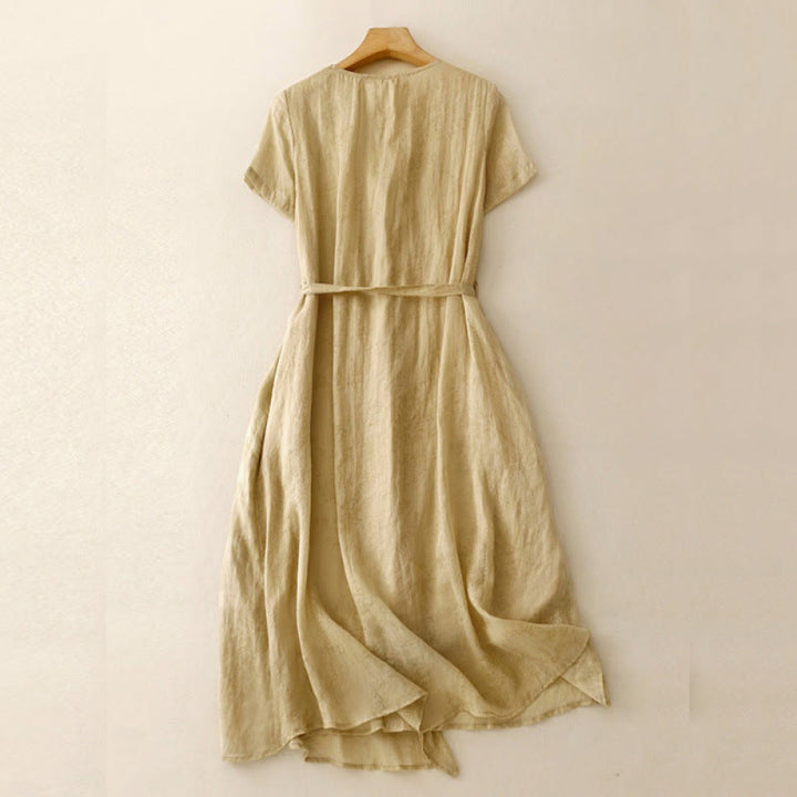 Robe mi-longue d'été en coton et lin à lacets et col en V pour femme avec poches
