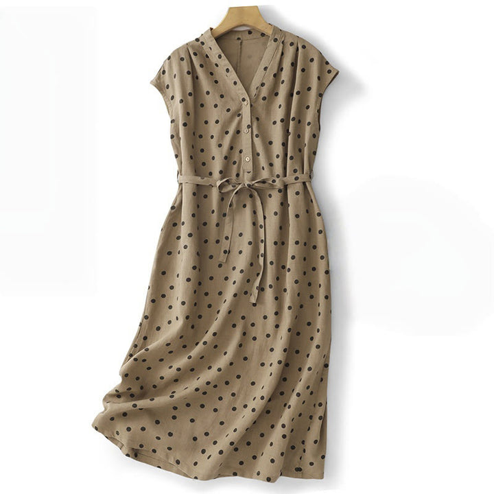 Robe mi-longue d'été à Buddha Stones et col en V en coton et lin avec lacets et poches pour femme