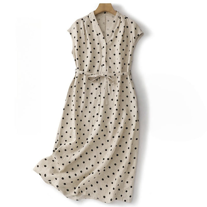 Robe mi-longue d'été à Buddha Stones et col en V en coton et lin avec lacets et poches pour femme