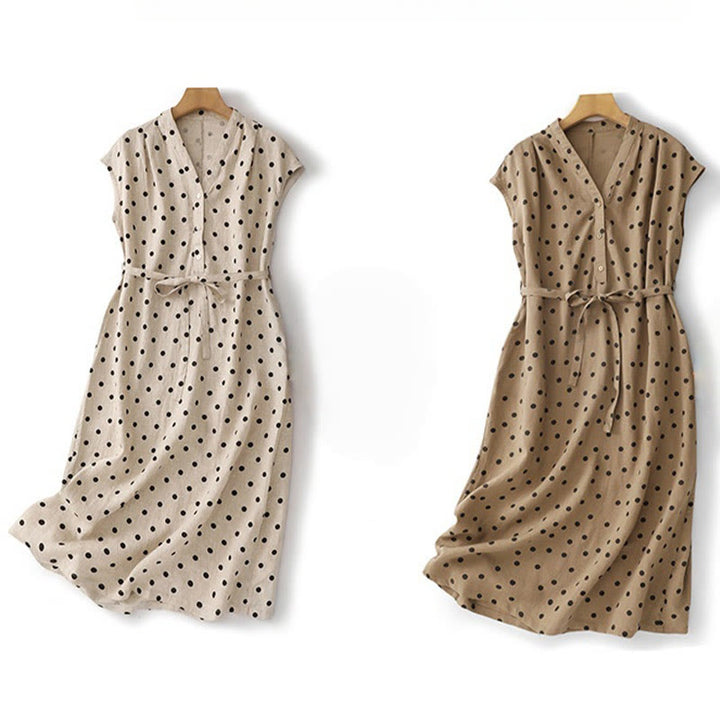 Robe mi-longue d'été à Buddha Stones et col en V en coton et lin avec lacets et poches pour femme