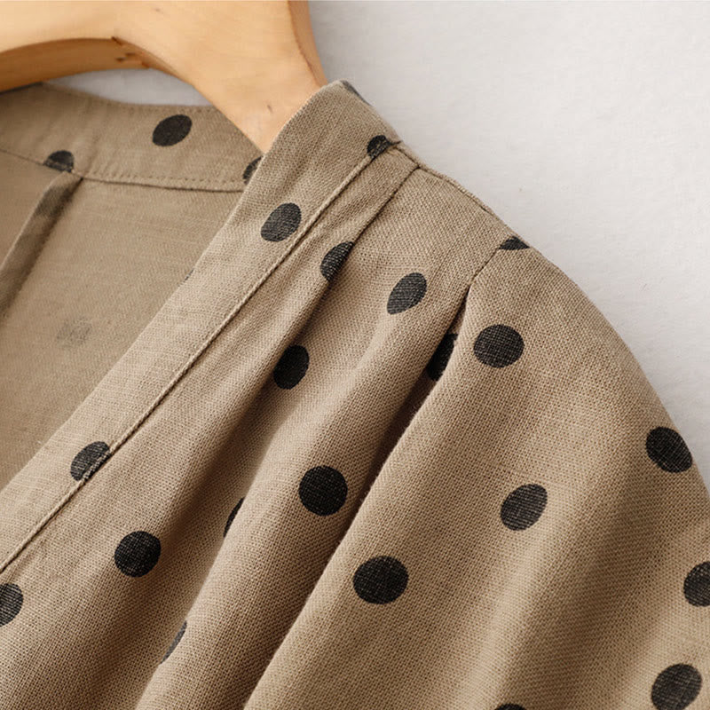 Robe mi-longue d'été à Buddha Stones et col en V en coton et lin avec lacets et poches pour femme