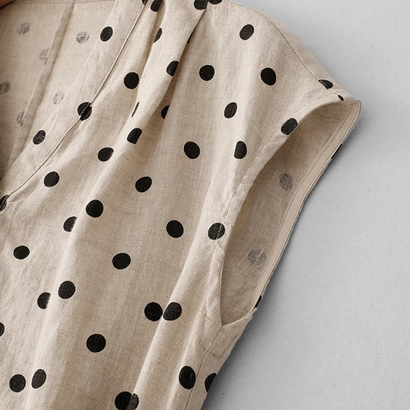 Robe mi-longue d'été à Buddha Stones et col en V en coton et lin avec lacets et poches pour femme