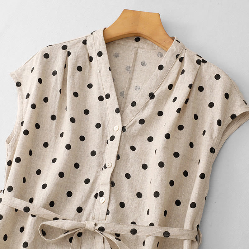 Robe mi-longue d'été à Buddha Stones et col en V en coton et lin avec lacets et poches pour femme