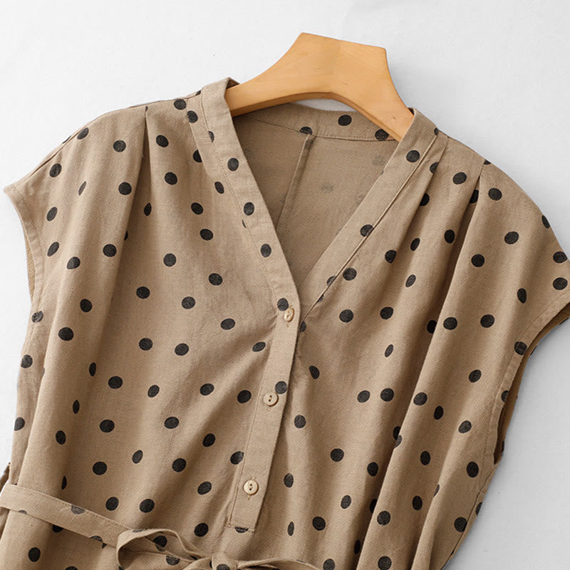 Robe mi-longue d'été à Buddha Stones et col en V en coton et lin avec lacets et poches pour femme