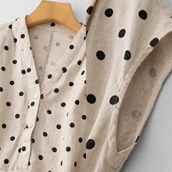 Robe mi-longue d'été à Buddha Stones et col en V en coton et lin avec lacets et poches pour femme