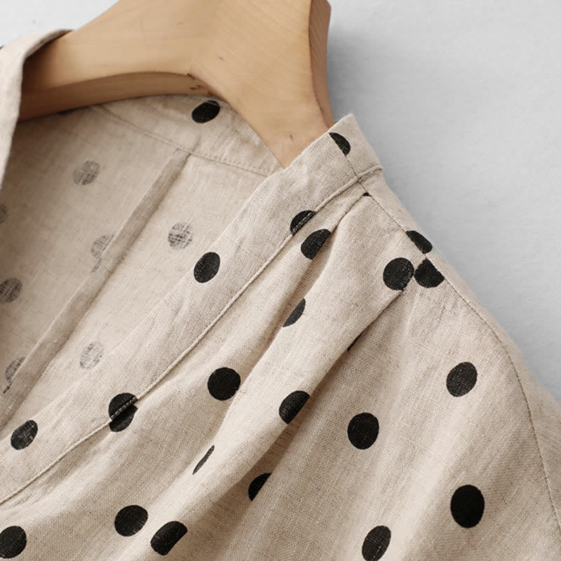 Robe mi-longue d'été à Buddha Stones et col en V en coton et lin avec lacets et poches pour femme