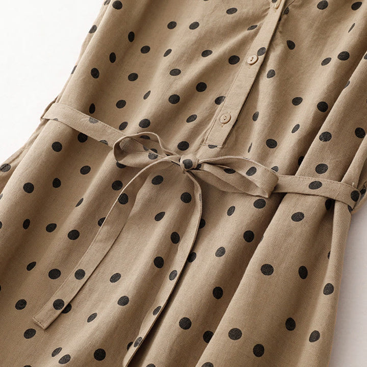 Robe mi-longue d'été à Buddha Stones et col en V en coton et lin avec lacets et poches pour femme