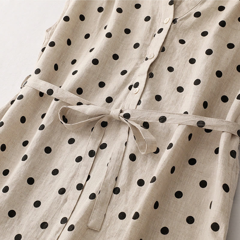 Robe mi-longue d'été à Buddha Stones et col en V en coton et lin avec lacets et poches pour femme