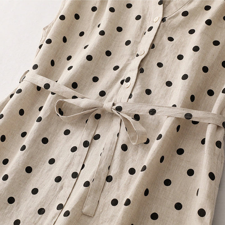Robe mi-longue d'été à Buddha Stones et col en V en coton et lin avec lacets et poches pour femme
