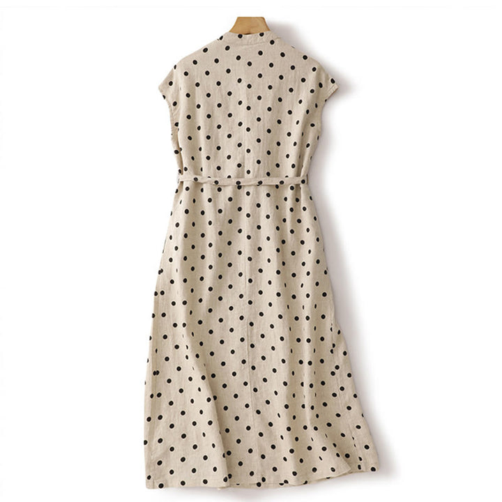Robe mi-longue d'été à Buddha Stones et col en V en coton et lin avec lacets et poches pour femme