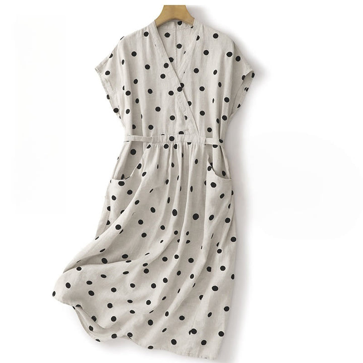 Robe mi-longue à Buddha Stones et col en V en coton et lin avec lacets et poches pour femme