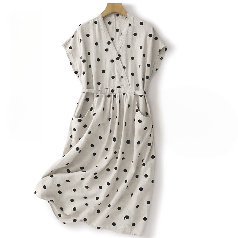 Robe midi à pois Buddha Stones , col en V, lacée et avec poches - Blanc - US8-10，UK/AU12-14，EU40-42 (2XL) - image 8