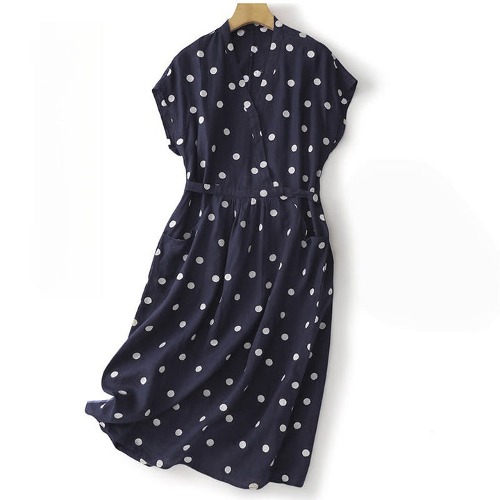 Robe mi-longue à Buddha Stones et col en V en coton et lin avec lacets et poches pour femme