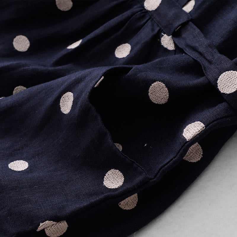 Robe mi-longue à Buddha Stones et col en V en coton et lin avec lacets et poches pour femme