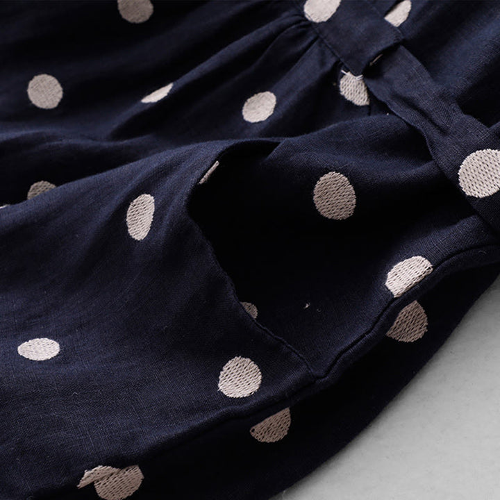 Robe mi-longue à Buddha Stones et col en V en coton et lin avec lacets et poches pour femme