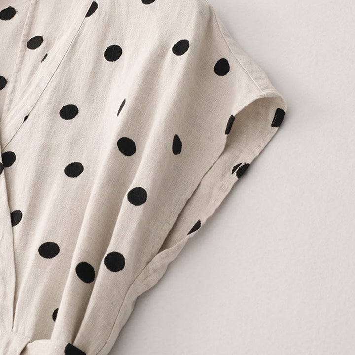 Robe mi-longue à Buddha Stones et col en V en coton et lin avec lacets et poches pour femme