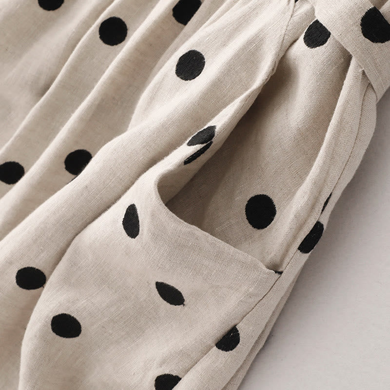 Robe mi-longue à Buddha Stones et col en V en coton et lin avec lacets et poches pour femme