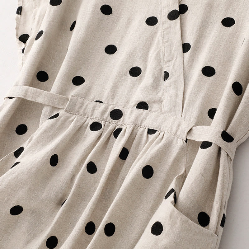 Robe mi-longue à Buddha Stones et col en V en coton et lin avec lacets et poches pour femme