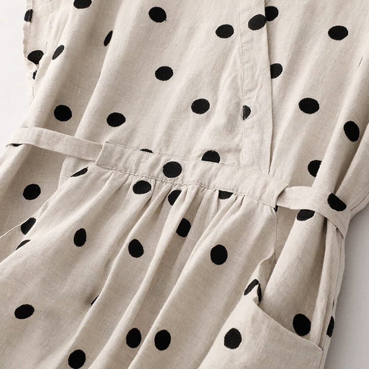 Robe mi-longue à Buddha Stones et col en V en coton et lin avec lacets et poches pour femme