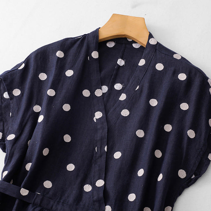 Robe mi-longue à Buddha Stones et col en V en coton et lin avec lacets et poches pour femme