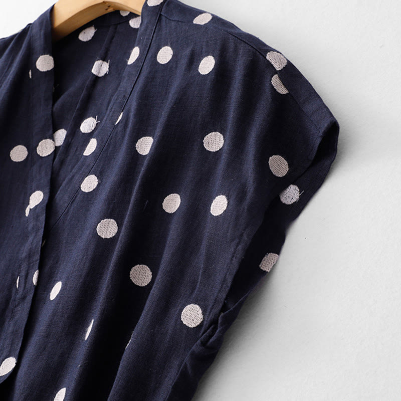 Robe mi-longue à Buddha Stones et col en V en coton et lin avec lacets et poches pour femme