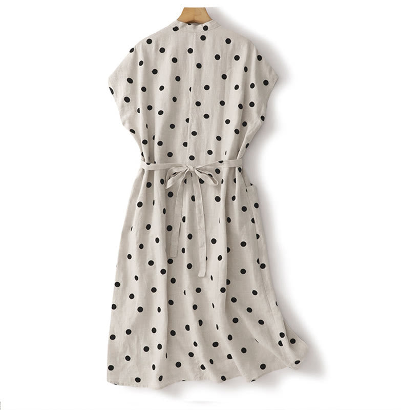 Robe mi-longue à Buddha Stones et col en V en coton et lin avec lacets et poches pour femme