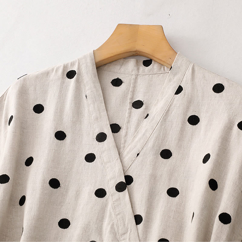 Robe mi-longue à Buddha Stones et col en V en coton et lin avec lacets et poches pour femme