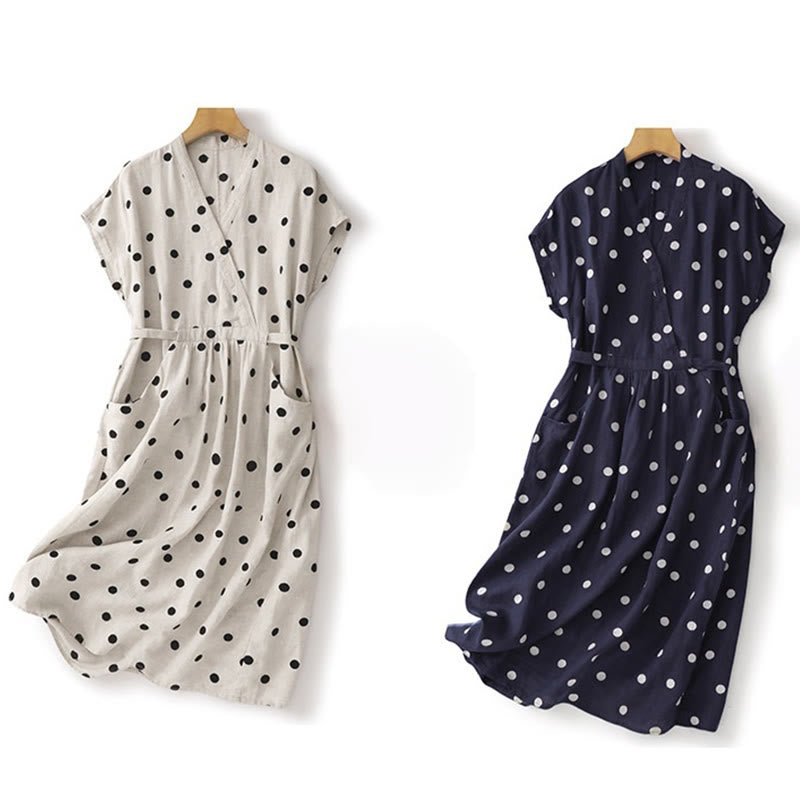 Robe mi-longue à Buddha Stones et col en V en coton et lin avec lacets et poches pour femme