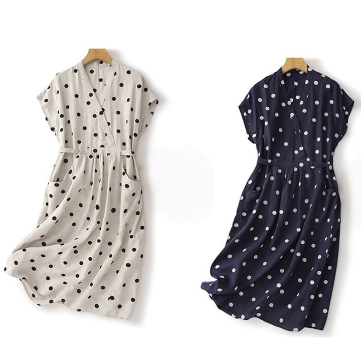 Robe mi-longue à Buddha Stones et col en V en coton et lin avec lacets et poches pour femme