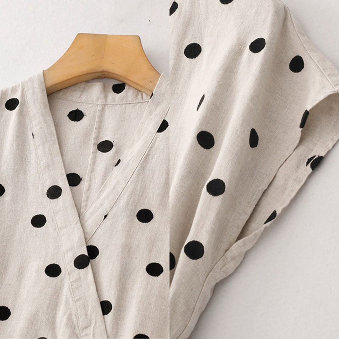 Robe mi-longue à Buddha Stones et col en V en coton et lin avec lacets et poches pour femme