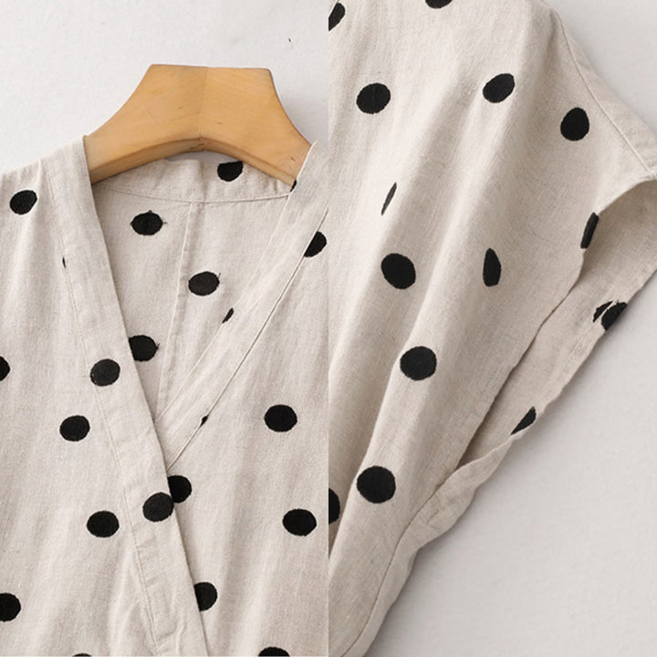 Robe mi-longue à Buddha Stones et col en V en coton et lin avec lacets et poches pour femme