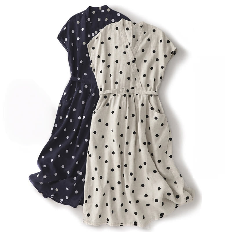 Robe mi-longue à Buddha Stones et col en V en coton et lin avec lacets et poches pour femme