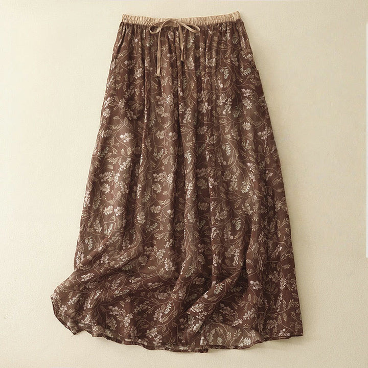 Jupe trapèze en coton et lin à motif floral Buddha Stones, taille élastique, avec poches
