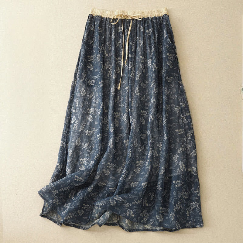 Jupe trapèze en coton et lin à motif floral Buddha Stones, taille élastique, avec poches
