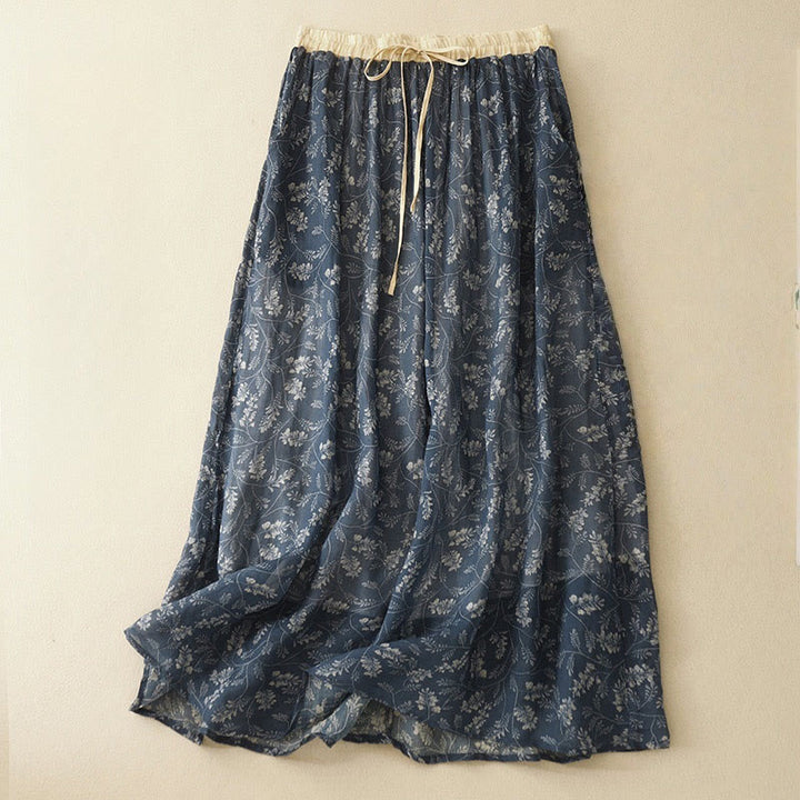 Jupe trapèze en coton et lin à motif floral Buddha Stones, taille élastique, avec poches