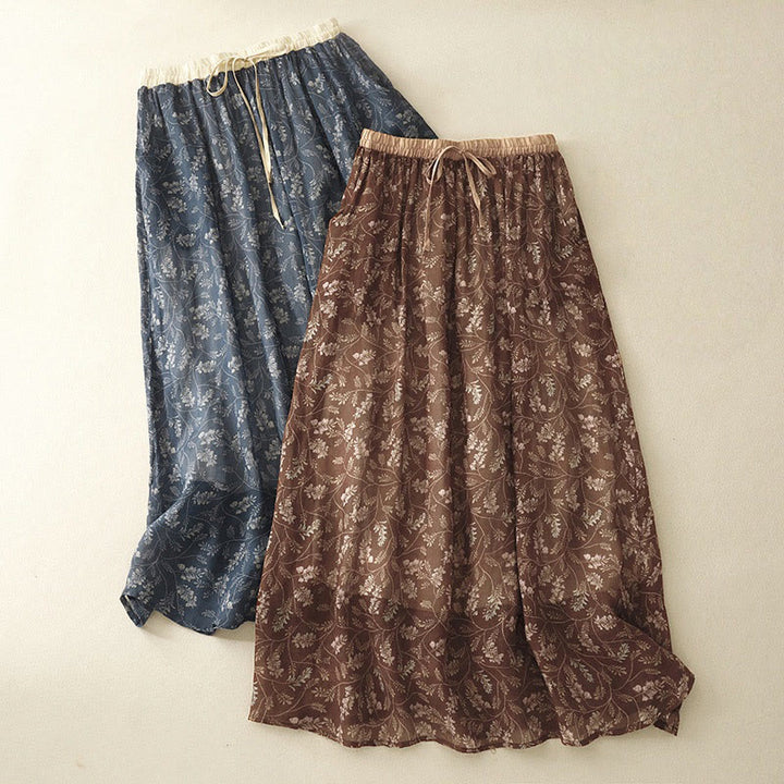 Jupe trapèze en coton et lin à motif floral Buddha Stones, taille élastique, avec poches - image 1