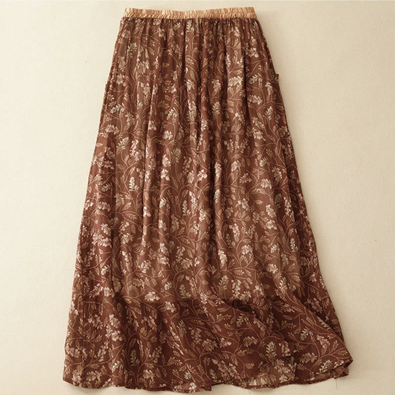 Jupe trapèze en coton et lin à motif floral Buddha Stones, taille élastique, avec poches