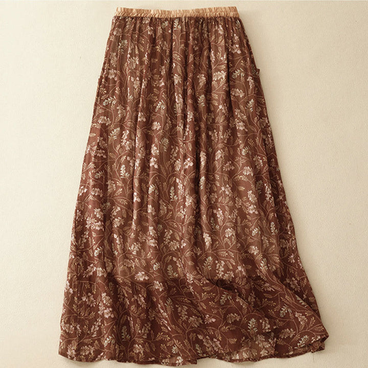 Jupe trapèze en coton et lin à motif floral Buddha Stones, taille élastique, avec poches